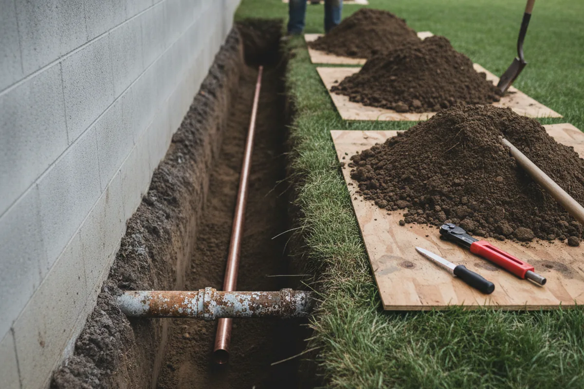 Excavated water line trench during Sewer Line Repair in Bush
